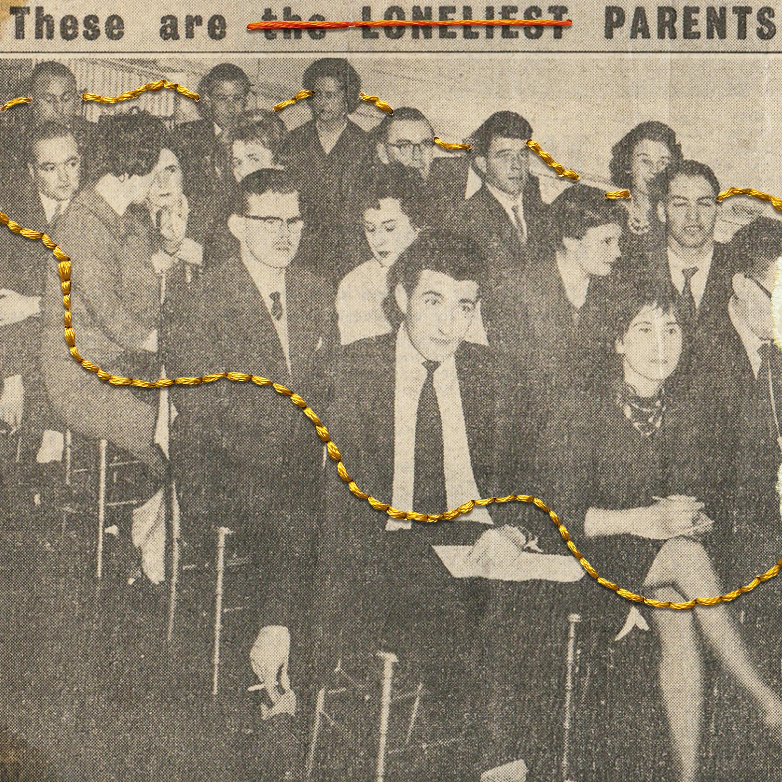 Mixed media artwork made up of an archive leaflet, a newspaper cutting and stitched thread. The image shows a black and white sepia toned newspaper cutting in the centre, roughly torn around the right hand edge. The cutting shows a large photograph of a group of adults, men and women, sat in rows in a hall. The men are wearing suits and ties, the women are also smartly dressed. The headline for the cutting reads, 'These are the loneliest parents in Britain'. The words 'the loneliest' have been crossed out with a line of orange stitched thread. Circling the group of adults, as if linking them together is a length of yellow stitched thread. The newspaper cutting lies on top of a old leaflet from the 1960s. The leaflet has been rotated counterclockwise so the text on its front runs vertically from bottom to top. On the left, black text on an orange background reads 'Only the beginning'. The text continue on the right but on a cream background and reads 'of triumph over disaster'.