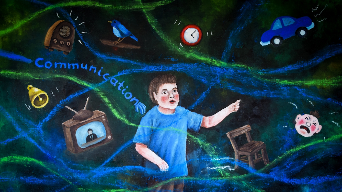 Oil painting showing the upper body of a young boy wearing a light blue t-shirt. All around him, against a black background, are floating objects such as a tv set, a bell, a clock, a bird, a car, a chair and a crying baby. Around the boy are swirling lines of blue and green. Behind him the word 'Communication' reaches towards his right shoulder. A hand shape reaches out as if to tap him.