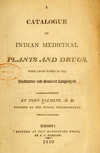 Title page of A Catalogue of Indian Medicinal Plants and Drugs by John Fleming, 1810