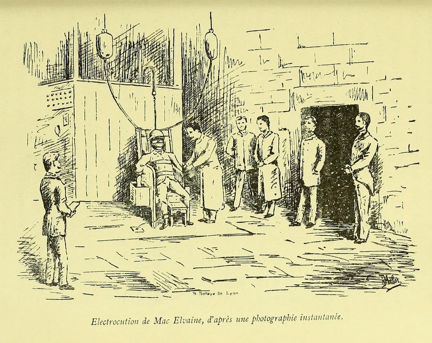 The text at the bottom of the drawing says 'Electrocution de Mac Elvaine, d'apres une photographie instantanee'