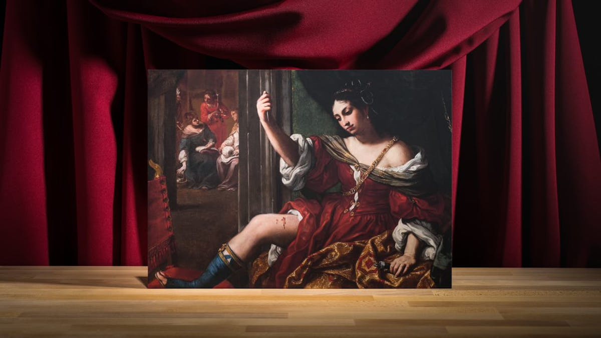 Photograph of an oil on canvas painting of a woman raising her hand and holding up a knife towards her exposed thigh. Her thigh is wounded and blood is coming out of the wounded sight. She is wearing a grand red dress and a grand looking necklace. 
