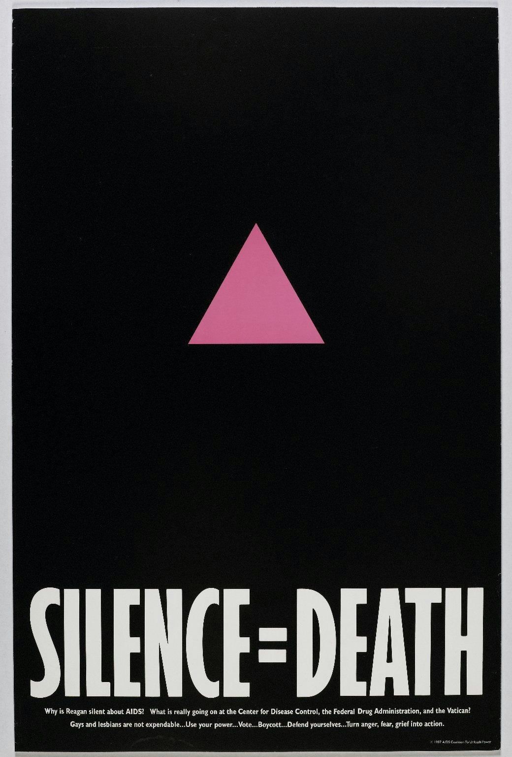 A pink triangle with the apex pointed up sits in hte centre of hte poster against a plain black background. At the bottom of the rectangular poster are tthe words "SILENCE = DEATH".