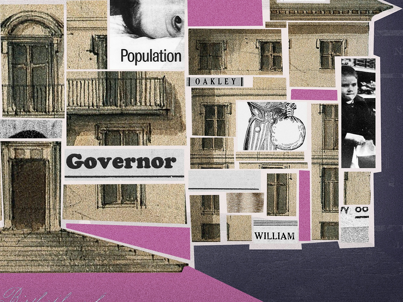 Crop from a larger digital collage. Shown is a building, labelled 'The Birthplace of'. The building's interior is filled with different collage elements, including newspaper cut-outs reading 'Beveridge', 'Ann', 'Richard', 'Governor', 'Population', 'Oakley', 'William' and 'Mauritius'. There are a number of black and white images, one of a baby lying down, one of a mother holding a baby, one of a child playing with coins on a table, and one of a child holding a bag. There are a number of windows and balconies, a chimney, and a central door with steps leading down from it.
