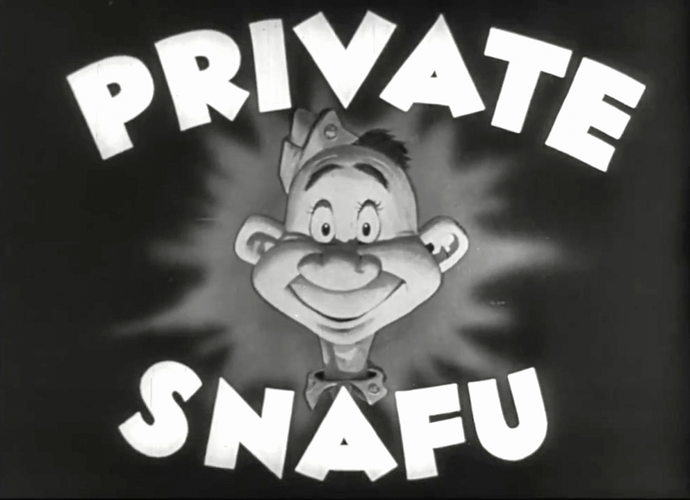 Black and white still image from the film 'Private SNAFU vs. Malaria Mike', showing a title image of Snafu's head, wearing a military hat.  Accompanying text reads 'PRIVATE SNAFU'.