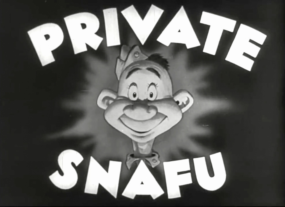 Black and white still image from the film 'Private SNAFU vs. Malaria Mike', showing a title image of Snafu's head, wearing a military hat. Accompanying text reads 'PRIVATE SNAFU'.