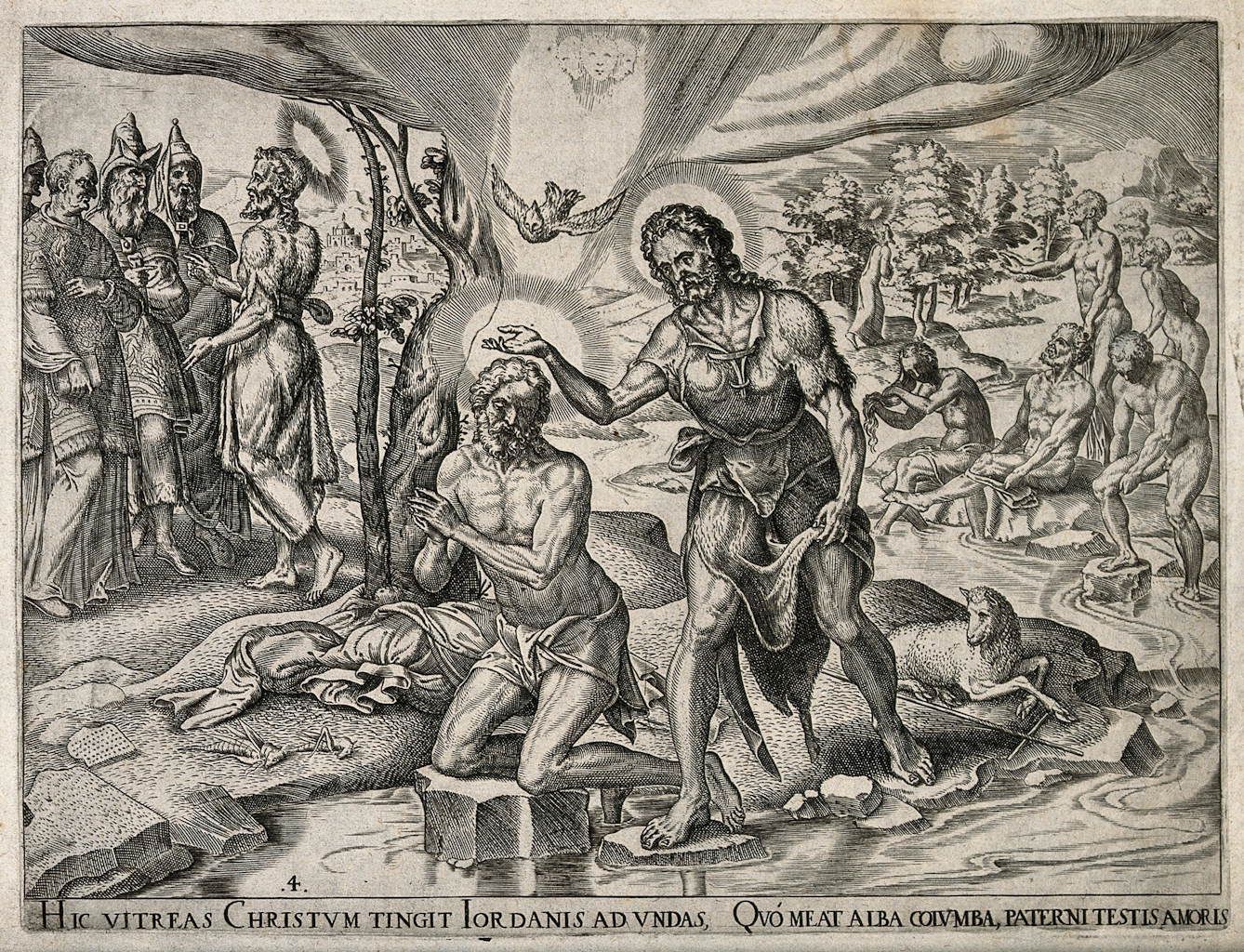 Black and white etching depicting Jesus in the River Jordan being baptised by Saint John. Various other religious symbolism is included in the image, such as a dove and a lamb.