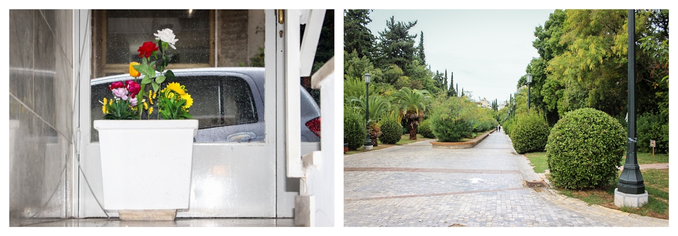 Photographic colour diptych. The image on the left shows the internal hallway of an apartment block. The scene shows a staircase landing on which is a small white pot containing colourful flowers. Behind the pot is a window with a view onto a road where part of a parked car can be seen. The image on the right show a parkland scene with a background of trees and shrubs. Leading away down the centre of the image is a broad bricked avenue, lined with green lampposts. 