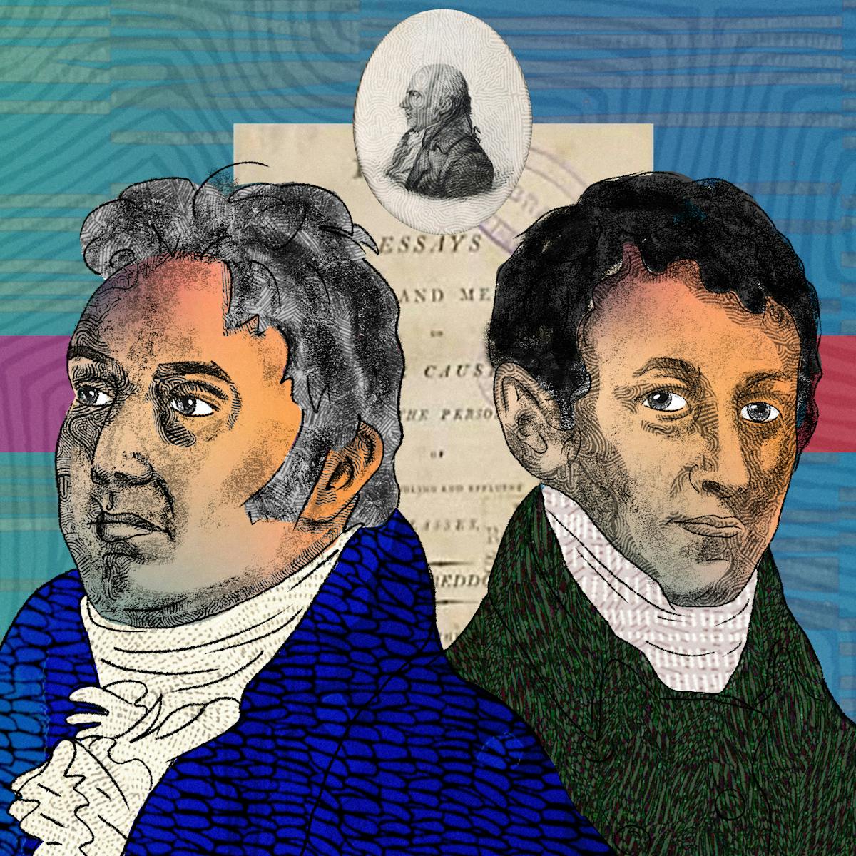 An abstract illustration featuring two head and shoulders portraits of two males posed back to back, depicting the writer philosopher Samuel Taylor Coleridge on the left and chemist Humphry Davy on the right. On the left side by Coleridge there is a romantic image of a red poppy flower as well as an opium pipe. To the right side by Davy there is an archive image of someone inhaling pain relief gas as part of a medical procedure. 
