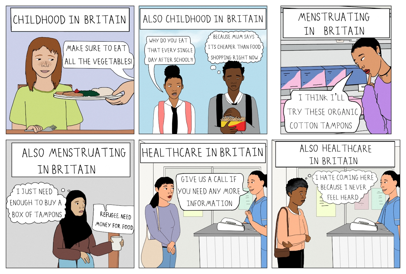 Six panel colour comic strip in a grid of 3 panels wide by 2 panels high.

The first panel shows a white text banner which reads ‘Childhood in Britain’. There is a girl with shoulder length brown hair and freckles sitting down at the dinner table and holding a fork. She is looking at a plate of food being handed to her. A speech bubble comes from the person handing her the food and says ‘Make sure to eat all the vegetables!’ 

The second panel shows a white text banner which reads ‘Also childhood in Britain’. Shown is a boy and a girl wearing school uniform, standing next to each other outside. The boy who is stood on the right is holding a red and yellow disposable container of chips and looking down at them ashamedly. The girl stood to his left is looking over at the container of chips in disgust. A speech bubble from her reads ‘Why do you eat that every single day after school?!’ A thought bubble from him reads ‘Because mum says its cheaper than food shopping right now’.

The third panel shows a white text banner which reads ‘Menstruating in Britain’. Shown is a woman with a cropped pixie haircut, choker necklace, earrings, and red lipstick. She is in a shop looking down at a shelf full of blue and pink tampon boxes. She has one finger raised to her chin thoughtfully. A speech bubble from her reads ‘I think I’ll try these organic cotton tampons’. 

The fourth panel shows a white text banner which reads ‘Also menstruating in Britain’. Shown is a woman wearing a black Hijab holding a white cup in her left hand. There is a makeshift sign standing up next to her which reads ‘Refugee. Need money for food’. The woman has a helpless expression and is slightly slouched. A thought bubble from her reads ‘I just need enough to buy a box of tampons’.

The fifth panel shows a white text banner which reads ‘Healthcare in Britain’. A woman wearing blue medical scrubs is standing behind a reception desk with a telephone on it. She is smiling at a second woman who is stood in front of the receptionist desk. She has a black fringe and ponytail and is carrying a shoulder bag, looking calmly at the woman in medical scrubs. There are some colourful posters on the wall behind them. A speech bubble comes from the first woman and reads ‘Give us a call if you need any more information’. 

The sixth panel shows a white text banner which reads ‘Also healthcare in Britain’. The same setting is shown, with the woman wearing blue medical scrubs smiling at an elderly Black woman with short hair. The elderly woman is looking sheepishly to the side and has her arms crossed across her torso. A thought bubble comes from her and reads, ‘I hate coming here because I never feel heard’. 