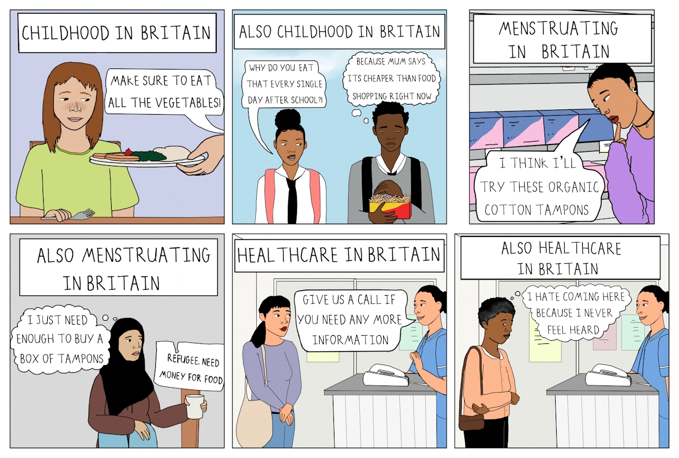 Six panel colour comic strip in a grid of 3 panels wide by 2 panels high.
The first panel shows a white text banner which reads ‘Childhood in Britain’. There is a girl with shoulder length brown hair and freckles sitting down at the dinner table and holding a fork. She is looking at a plate of food being handed to her. A speech bubble comes from the person handing her the food and says ‘Make sure to eat all the vegetables!’
The second panel shows a white text banner which reads ‘Also childhood in Britain’. Shown is a boy and a girl wearing school uniform, standing next to each other outside. The boy who is stood on the right is holding a red and yellow disposable container of chips and looking down at them ashamedly. The girl stood to his left is looking over at the container of chips in disgust. A speech bubble from her reads ‘Why do you eat that every single day after school?!’ A thought bubble from him reads ‘Because mum says its cheaper than food shopping right now’.
The third panel shows a white text banner which reads ‘Menstruating in Britain’. Shown is a woman with a cropped pixie haircut, choker necklace, earrings, and red lipstick. She is in a shop looking down at a shelf full of blue and pink tampon boxes. She has one finger raised to her chin thoughtfully. A speech bubble from her reads ‘I think I’ll try these organic cotton tampons’.
The fourth panel shows a white text banner which reads ‘Also menstruating in Britain’. Shown is a woman wearing a black Hijab holding a white cup in her left hand. There is a makeshift sign standing up next to her which reads ‘Refugee. Need money for food’. The woman has a helpless expression and is slightly slouched. A thought bubble from her reads ‘I just need enough to buy a box of tampons’.
The fifth panel shows a white text banner which reads ‘Healthcare in Britain’. A woman wearing blue medical scrubs is standing behind a reception desk with a telephone on it. She is smiling at a second woman who is stood in front of the receptionist desk. She has a black fringe and ponytail and is carrying a shoulder bag, looking calmly at the woman in medical scrubs. There are some colourful posters on the wall behind them. A speech bubble comes from the first woman and reads ‘Give us a call if you need any more information’.
The sixth panel shows a white text banner which reads ‘Also healthcare in Britain’. The same setting is shown, with the woman wearing blue medical scrubs smiling at an elderly Black woman with short hair. The elderly woman is looking sheepishly to the side and has her arms crossed across her torso. A thought bubble comes from her and reads, ‘I hate coming here because I never feel heard’.