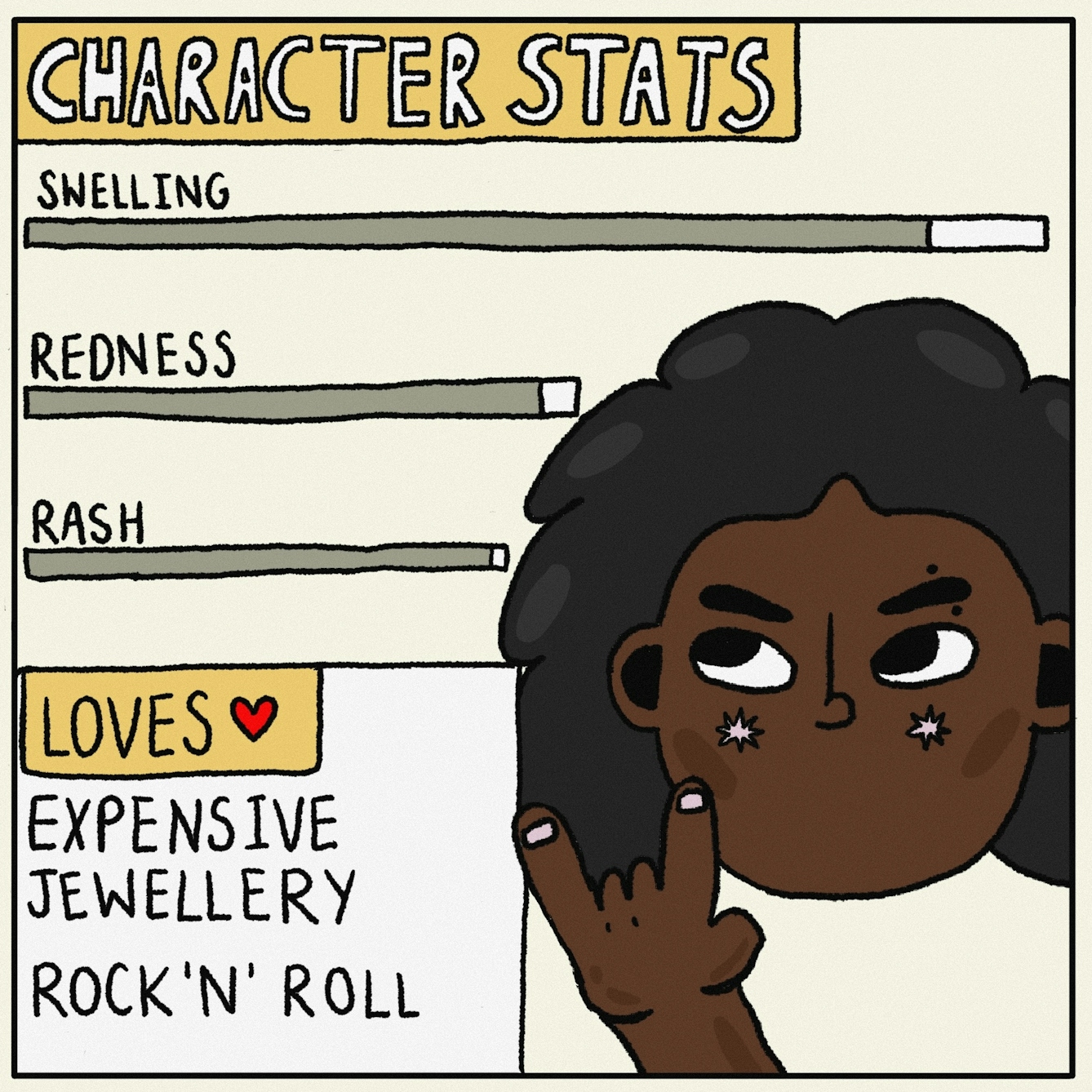 Panel 2 of a digitally drawn, four-panel comic titled ‘Winning’. The text at the top says ‘CHARACTER STATS’. The sliders show your character suffers badly with swelling, redness and rashes, but as a metalhead, loves expensive jewellery and rock ‘n’ roll.