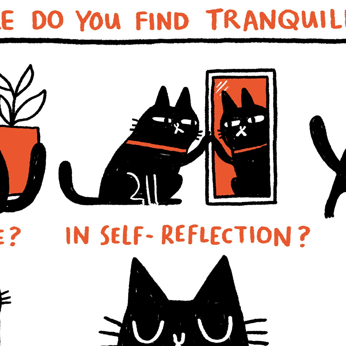 Title text reads “Where do you find tranquillity?”

A black Cat eating a plant, with a leaf in its mouth, text reads “In Nature?”

A black Cat looking at itself in the mirror, text reads “In self-reflection?”

A black Cat scratching a pattern, text reads “In art?”