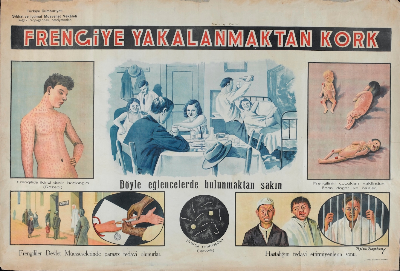 Poster showing six vignettes in two rows, each with lettering below. Upper row, left to right: a young man with the pink rash ("Rozeol") of syphilitic papilloma; young men and women partying with alcohol in a bedsit, typical conditions for transmission of syphilis; infants with hereditary syphilis. Lower row, people attending a dispensary for treatment of sexually transmitted diseases; the spirochete of syphilis seen through a microscope; three men, two of them with their faces eaten away by syphilis, the third behind bars in prison