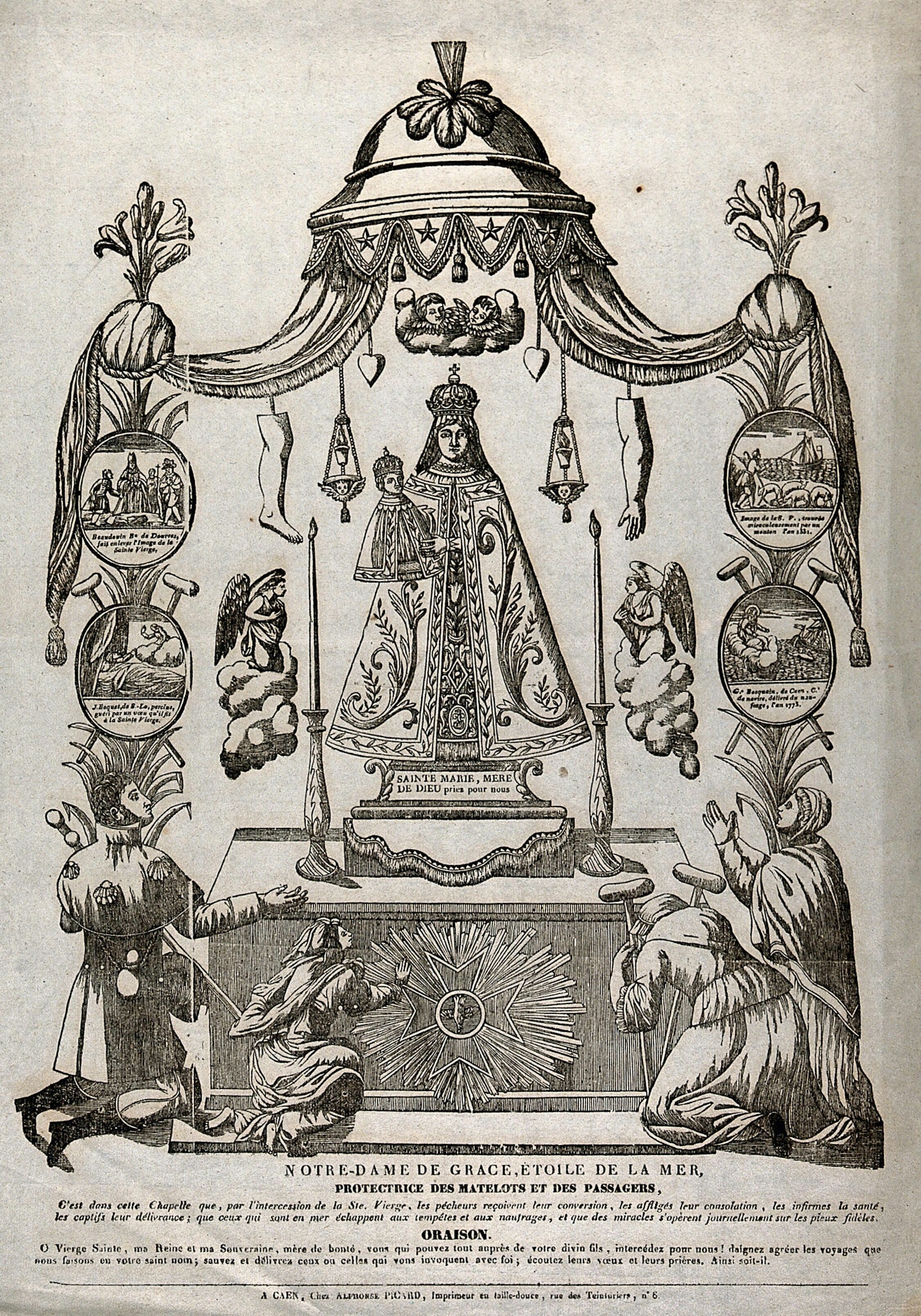 Woodcut displaying a statue of The Virgin, Star of the Sea at Caen. The statue is displayed in the centre and surrounding her are various motifs, hanging from a covering over her head. These include two angels, a leg, an arm and several hearts. Next to the canopy cover there are several people kneeling and worshipping her, including a man who has two crutches. Along the bottom of the image there is text in French. 