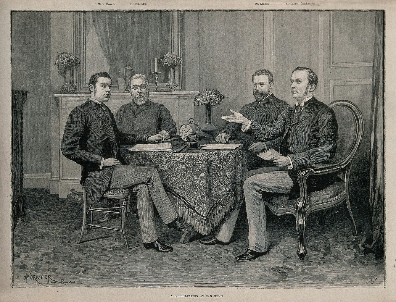 Wood engraving of four men sitting around a table
