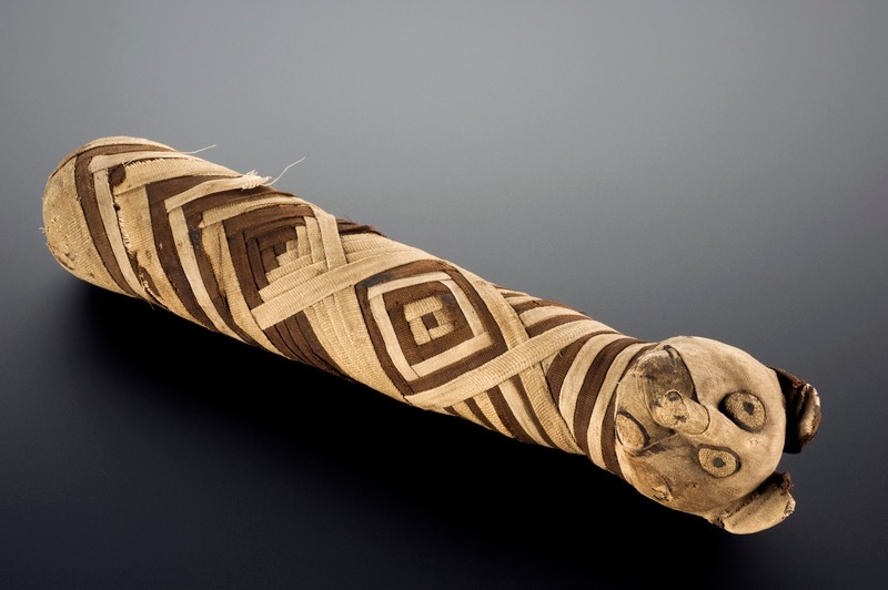 Image of mummified cat from Ancient Egypt, wrapped in overlapping cloth bands of beige and brown.