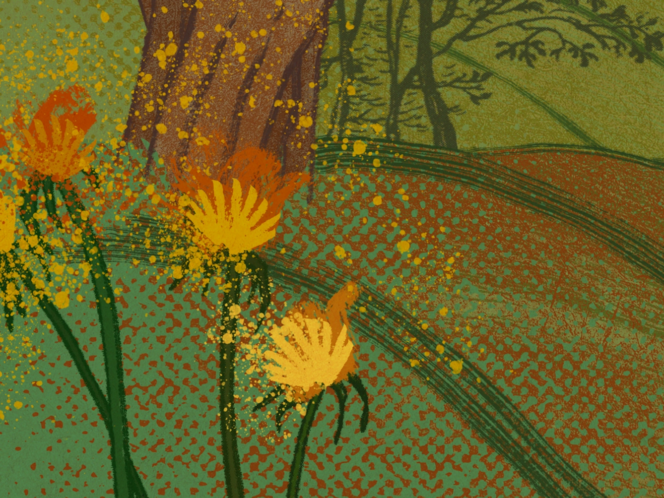 A digital illustration of a dairy farm, in the foreground there are yellow dandelions sprouting from the soil, with their petals floating away in a breeze and in the background we see rolling hills with trees.