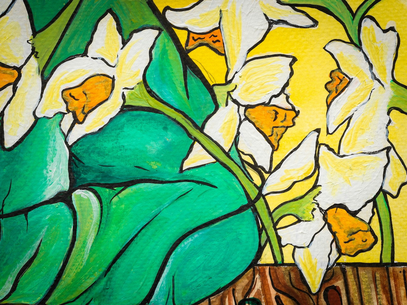 Detail from a larger colourful artwork. The artwork shows daffodils which are growing in front of a yellow wall. To the left of the flowers, a person's arm in a green cardigan rests on a wooden table. 