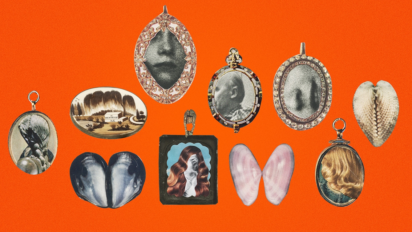 Coloured photograph of a paper collage on a bright orange background. There are ten different brooches made out of paper cut outs. Three of the brooches are coloured shells. Three of the brooches show a black and white section of a face, with a bejewelled border. Three of the brooches show human hair, and the final brooch contains a white and brown image of a grave stone beneath a willow tree.