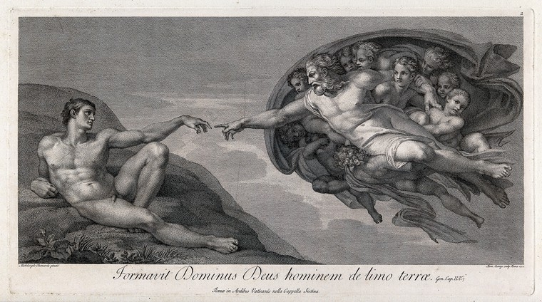 Black and white engraving of two reclining men - one Adam, naked, the other God, surrounded by angels. The two men are reaching towards each other, as though their forefingers might touch.