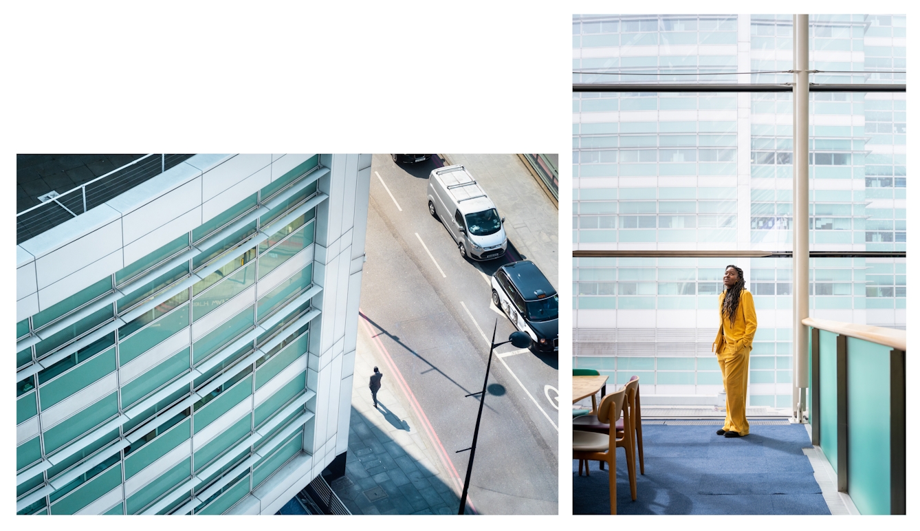 Two photographs displayed side by side, one is a street scene of a lone figure casting a long shadow walking between a a large building and a busy road. The other is a black women wearing a yellow suit, standing by a large window. 