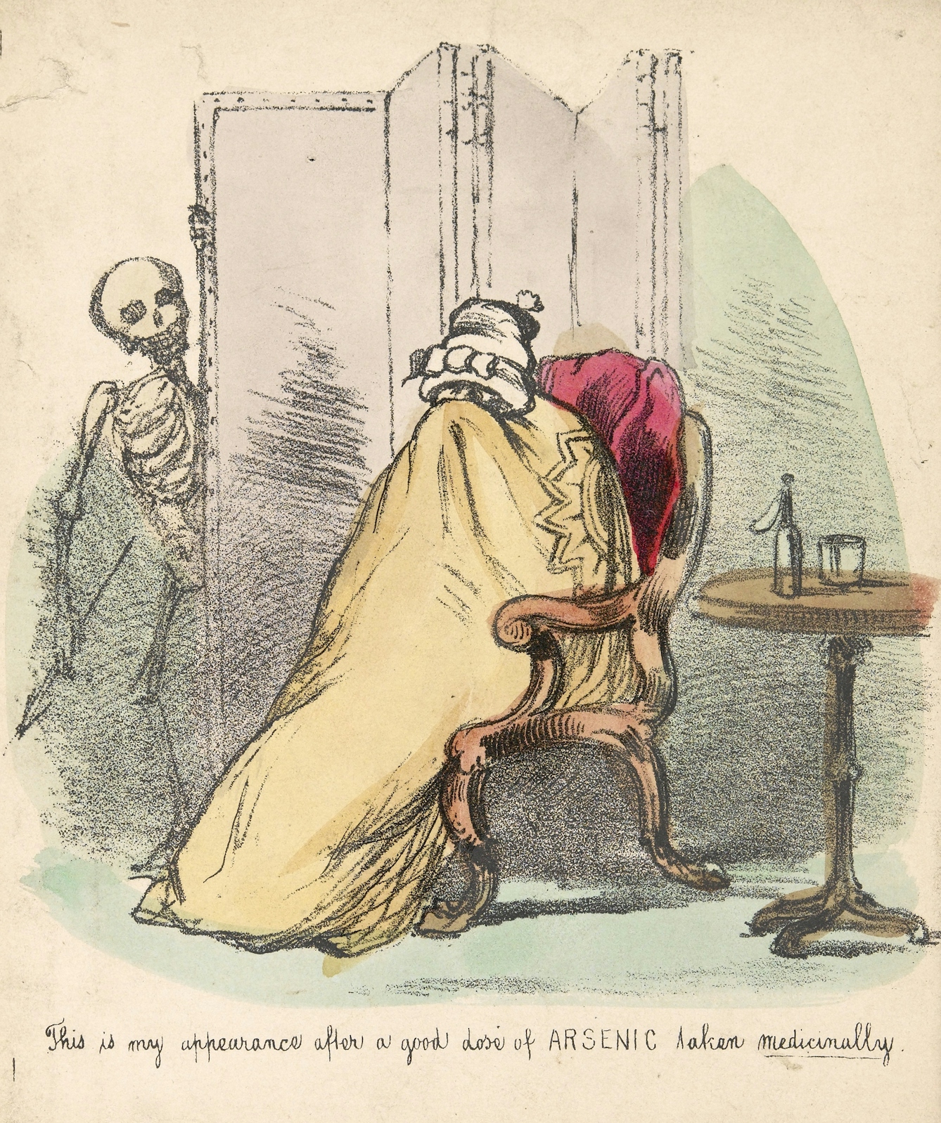 A patient suffering adverse effects of arsenic treatment with a skeleton peering round a screen behind the patient