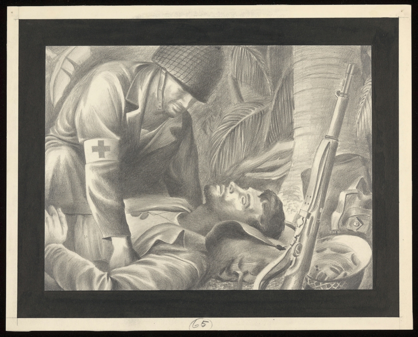 Black and white pencil drawing of two soldiers. One is lying down on a makeshift headrest, wounded with his eyes closed and his helmet removed. Another solder is leaning over him, and he has a red cross arm band on his uniform. A machine gun is propped up against a tree next to the two soldiers.  