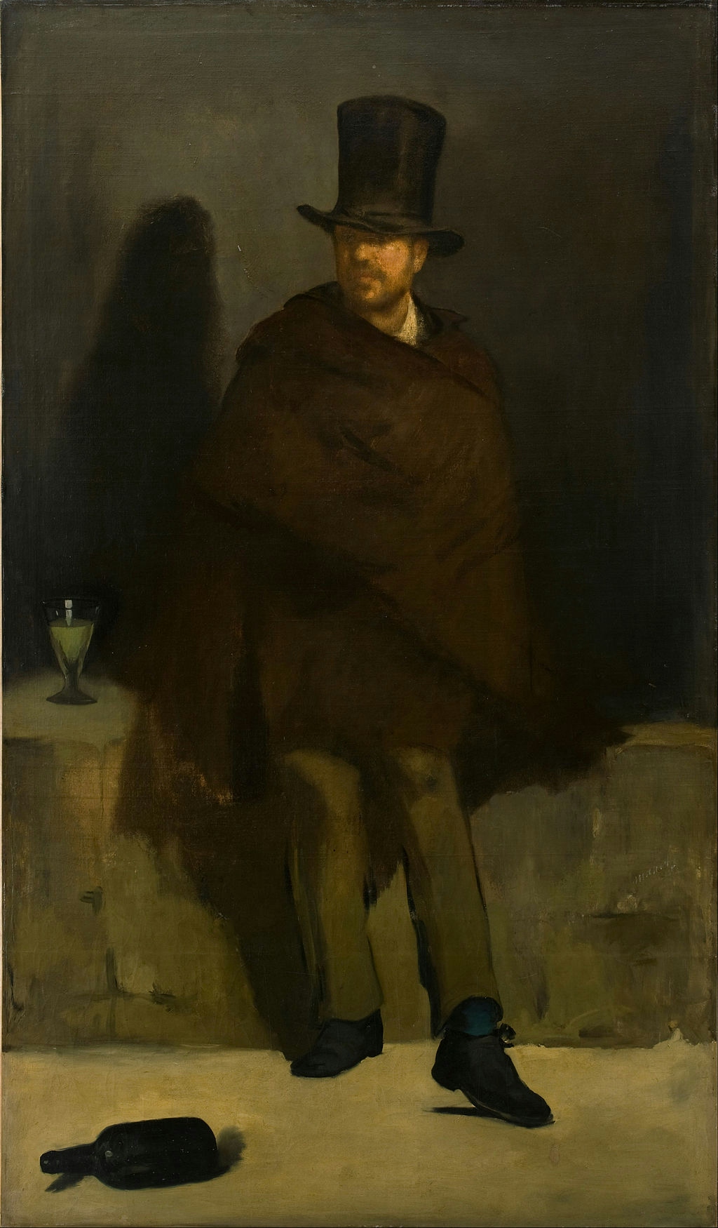 A painting of a man wearing a black shawl and top hat. He is standing beside a low wall, with a glass containing green liquid beside him and a discarded bottle on its side at his feet.