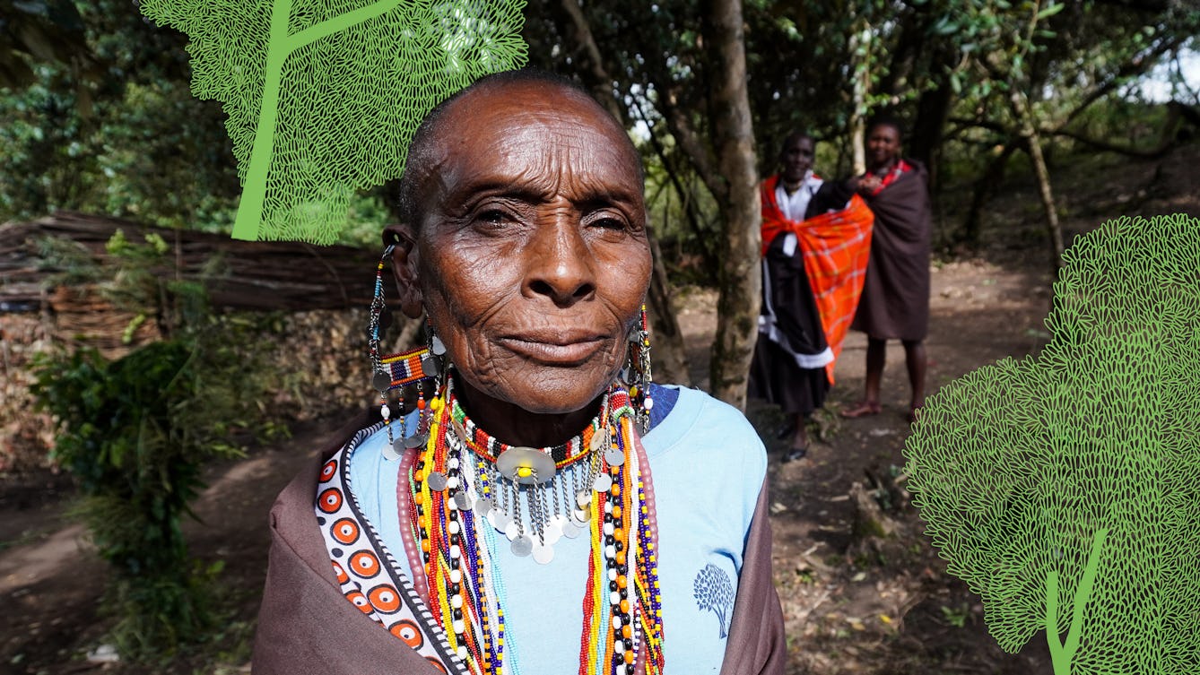 Photograph of an Ogiek elder in the Mau forest in Kenya looking to camera. They are wearing a light blue top with mauve shawl. Around their neck is a colourful beaded neck piece complimented with similar earrings. Behind them are two other individuals and a traditional hut. Interwoven into the scene is a graphic element made up of thin green drawn lines, which create a tree and leave-like pattern behind the elder.