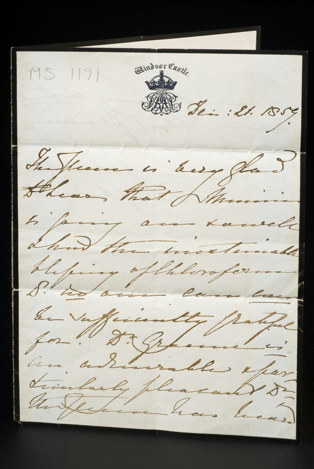 Photograph of a handwritten letter on headed notepaper, featuring the crest of Windsor Castle
