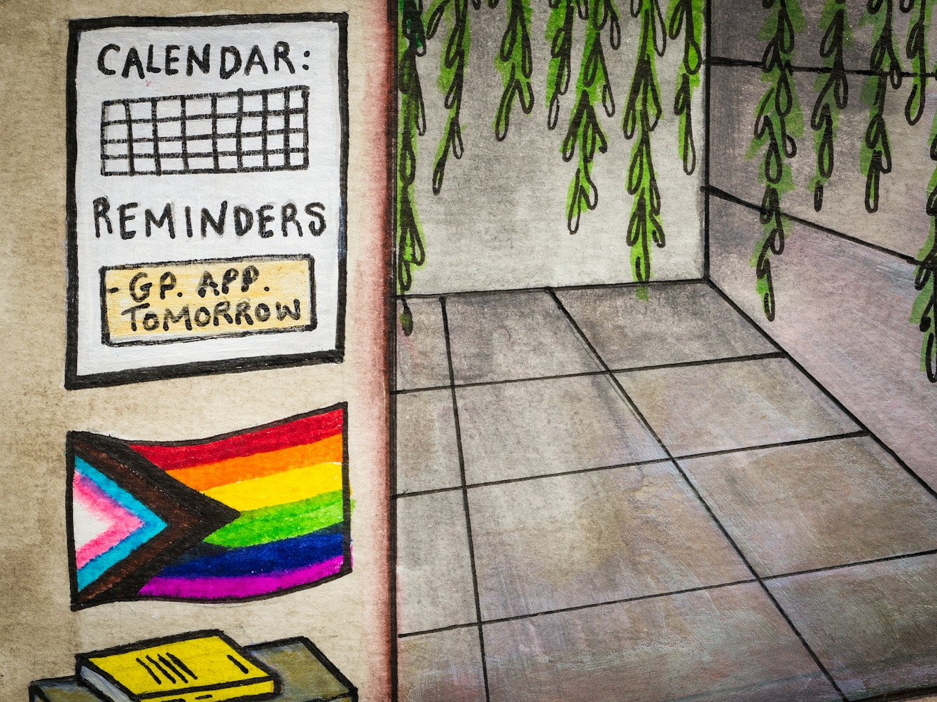 Detail from larger artwork made with paint and ink on textured watercolour paper. The artwork shows a scene in a bedroom. On the wall is a Progress Flag and a calendar reminder for a GP appointment tomorrow.