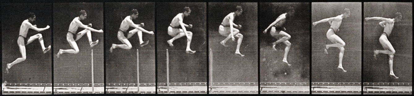 A series of black and white photographs showing a man wearing a loincloth jumping over a pole.