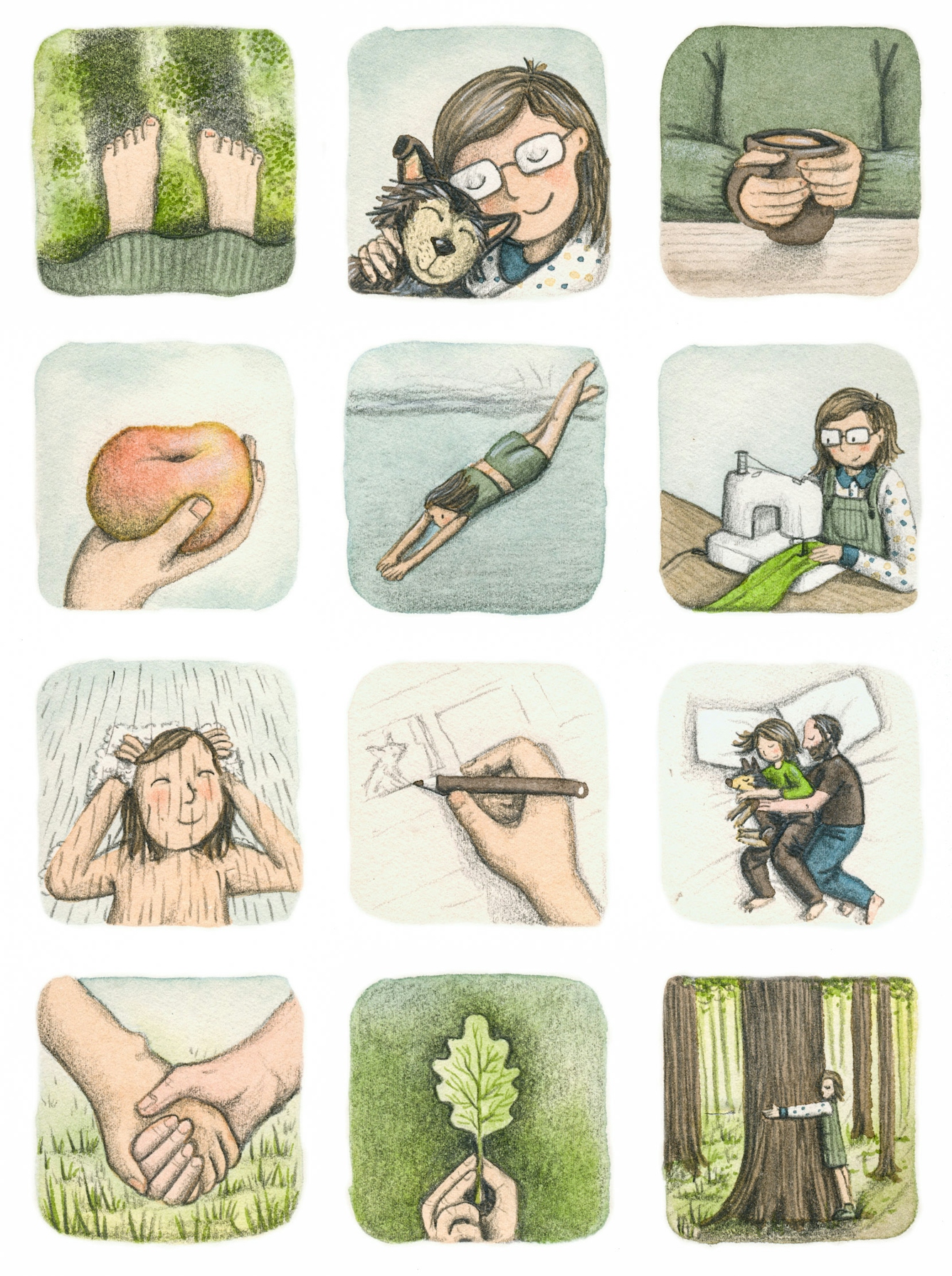 Colourful illustration with 12 square panels in a 3 by 4 grid. 

Panel 1 shows feet standing on grass. 

Panel 2 shows a person with glasses smiling and holding a small brown dog. 

Panel 3 shows a pair of hands holding a mug of tea. 

Panel 4 shows a hand holding an apple. 

Panel 5 shows a person lying on a light blue floor wearing a green t-shirt and shorts. 

Panel 6 shows a person wearing glasses and dungarees, using a sewing machine on a green fabric. 

Panel 7 shows a person standing under a shower smiling.

Panel 8 shows a hand holding a pencil, drawing in a sketchbook. 

Panel 9 shows 2 people and a dog hugging whilst lying in bed. 

Panel 10 shows two people holding hands. 

Panel 11 shows a hand holding up a single green leaf.

Panel 12 show a person hugging a tree.