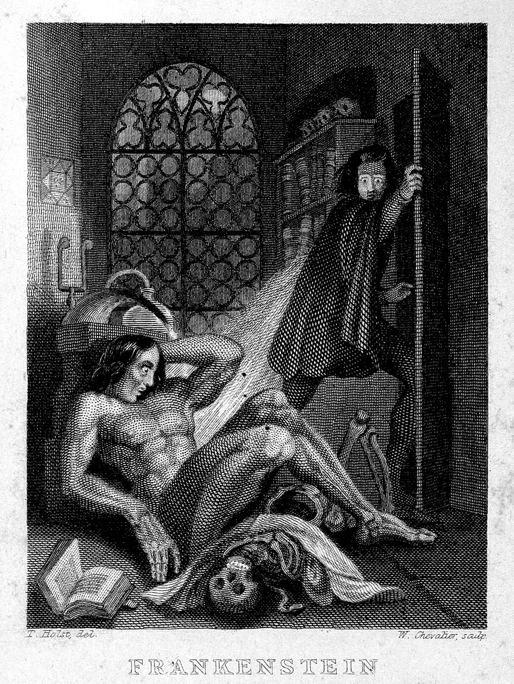 Black and white etching depicting Dr Frankenstein and his creature. The creature lies on the floor, its legs astride a skeleton. In the left foreground, an open book. In the background, electrical and chemical apparatus, and a bookcase on top of which are skulls. An astrological chart is stuck up on a wall. Frankenstein leaves hastily through a door on the right.