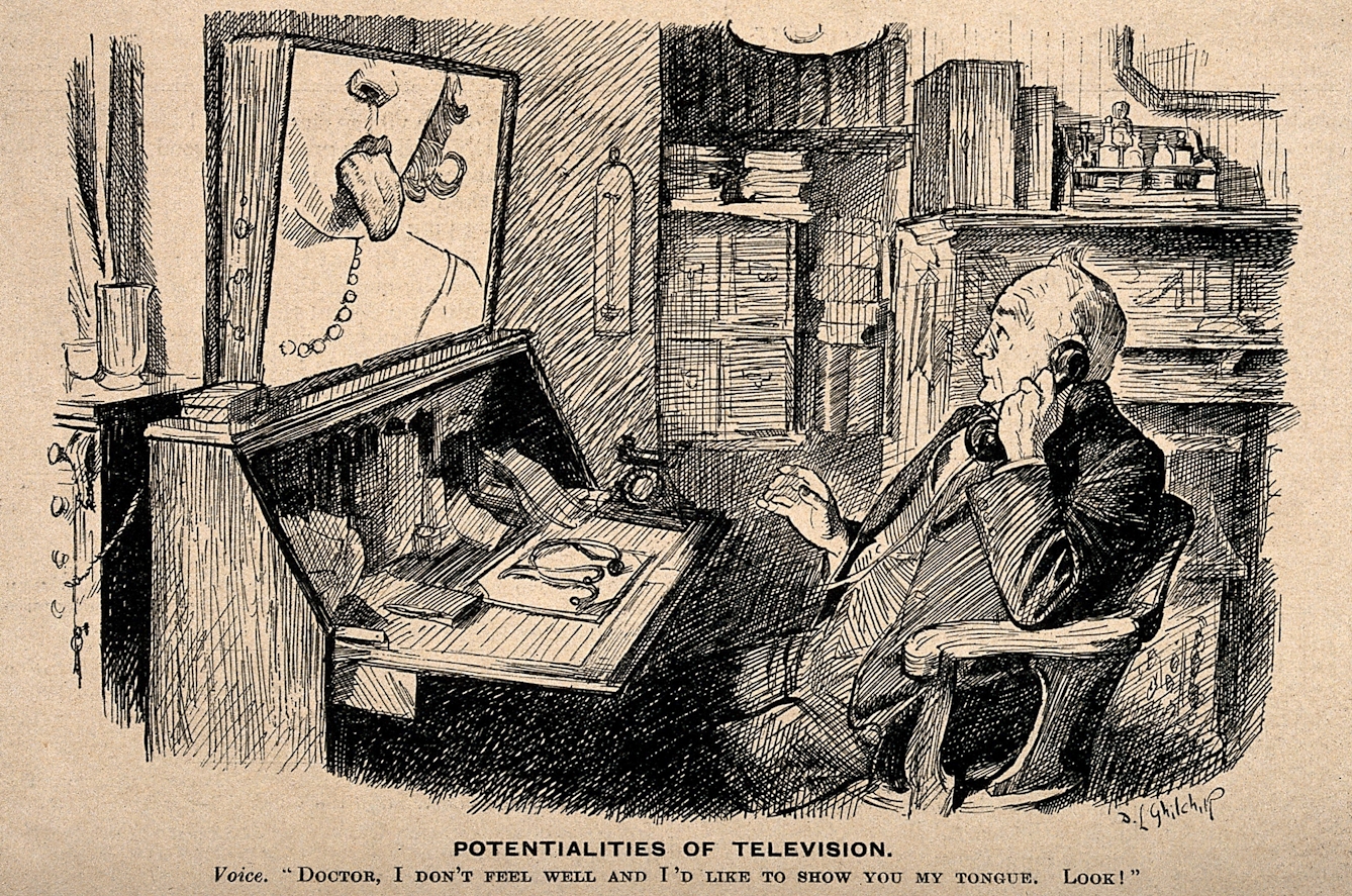Line photoengraving of a doctor seated with a telephone to his ear looking up at a screen where a woman has poked out her tongue. 