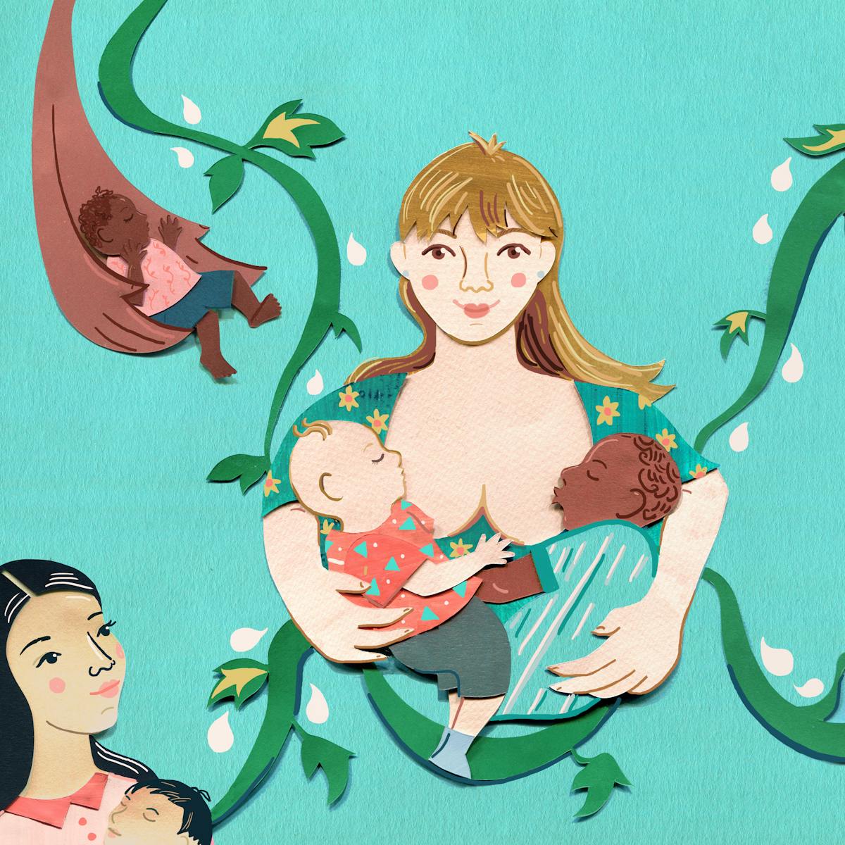 A mixed media illustration depicting mothers of differing ethnicities breastfeeding children. The mothers are connected by green vines with milk droplets around them. 
