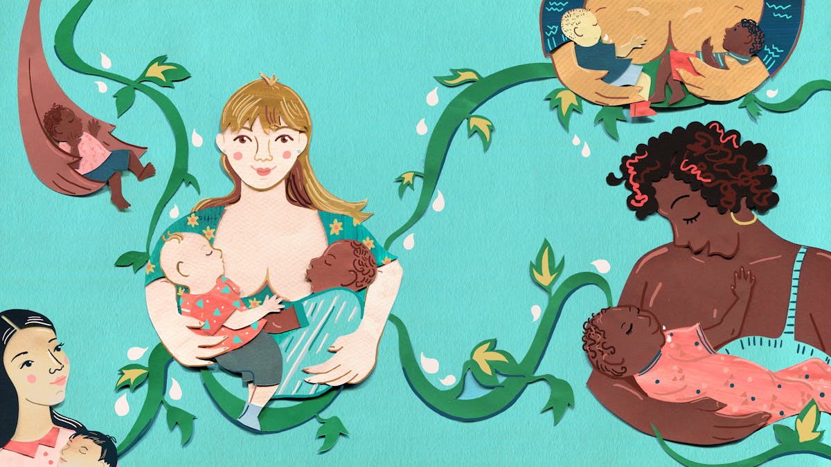 A mixed media illustration depicting mothers of differing ethnicities breastfeeding children. The mothers are connected by green vines with milk droplets around them. 