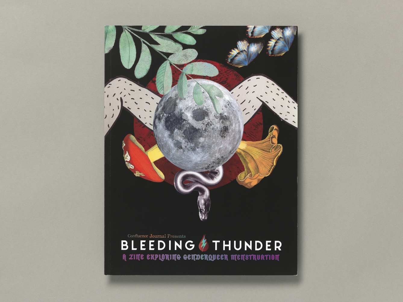 Cover of the zine Bleeding Thunder shows a collage illustration of a pair of pale, hairy legs, open with knees bent. Between the legs is a photographic image of the moon with a serpend emerging from the bottom of the moon and a red-capped mushroom emerging from the left sitde and a yellow-frilled mushroom emerging from the right side. Above the legs on the left and right are a leafy frond and butterflies respectively. The background is a red coloured disc on a matt black surface.