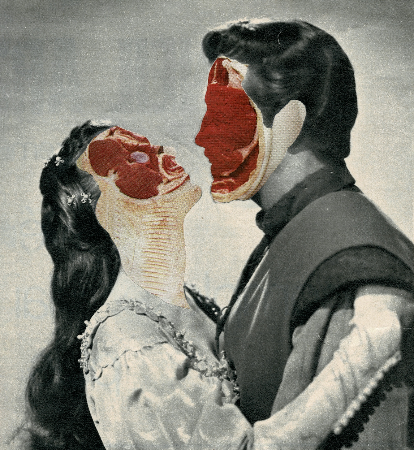 Paper collage artwork of a black and white pair of male and female lovers as they embrace.  Their facial features have been replaced with full colour set of cured meats, following the profile of their faces.