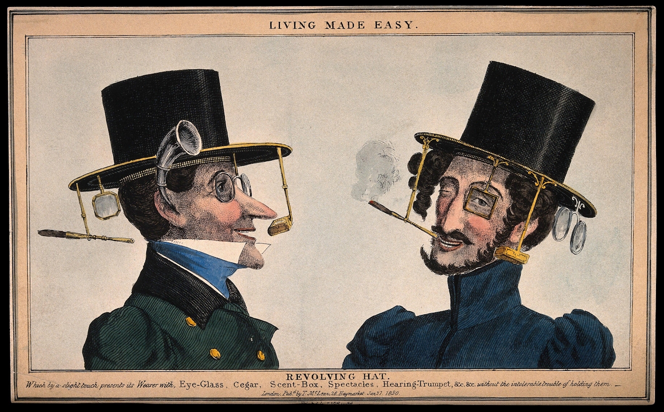 The heads and shoulders of two 19th century European men dressed in top hats and frock coats face each other. Their hats have various objects suspended from the brims, including spectacles, monocle, cigarette in a holder and a snuff box. One man is smoking from the cigarette holder attachment and the other is wearing the spectacles attachment.
