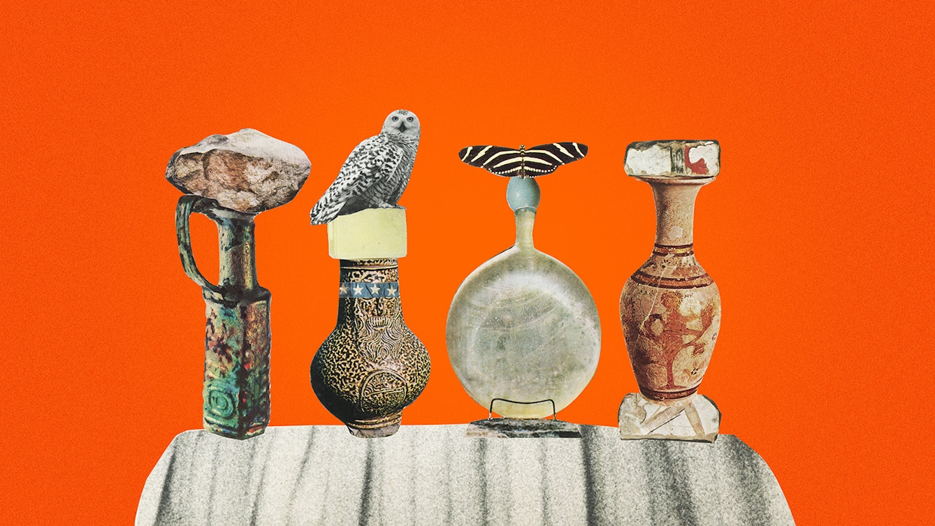 Coloured photograph of a paper collage on a bright orange background. Shown are four urns fashioned out of different paper cut-outs stood upright next to eachother. There is a black and white cut-out owl owl on top of one of the makeshift urns, and a butterfly with its wings spread on another. The urns are positioned on top of a grey stone-like cut out.