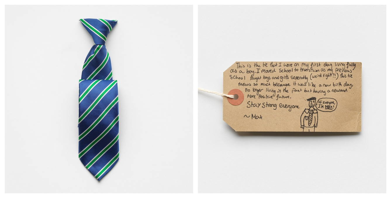 Photographic diptych showing a handwritten brown card label on the right and a stripy tie on the left.