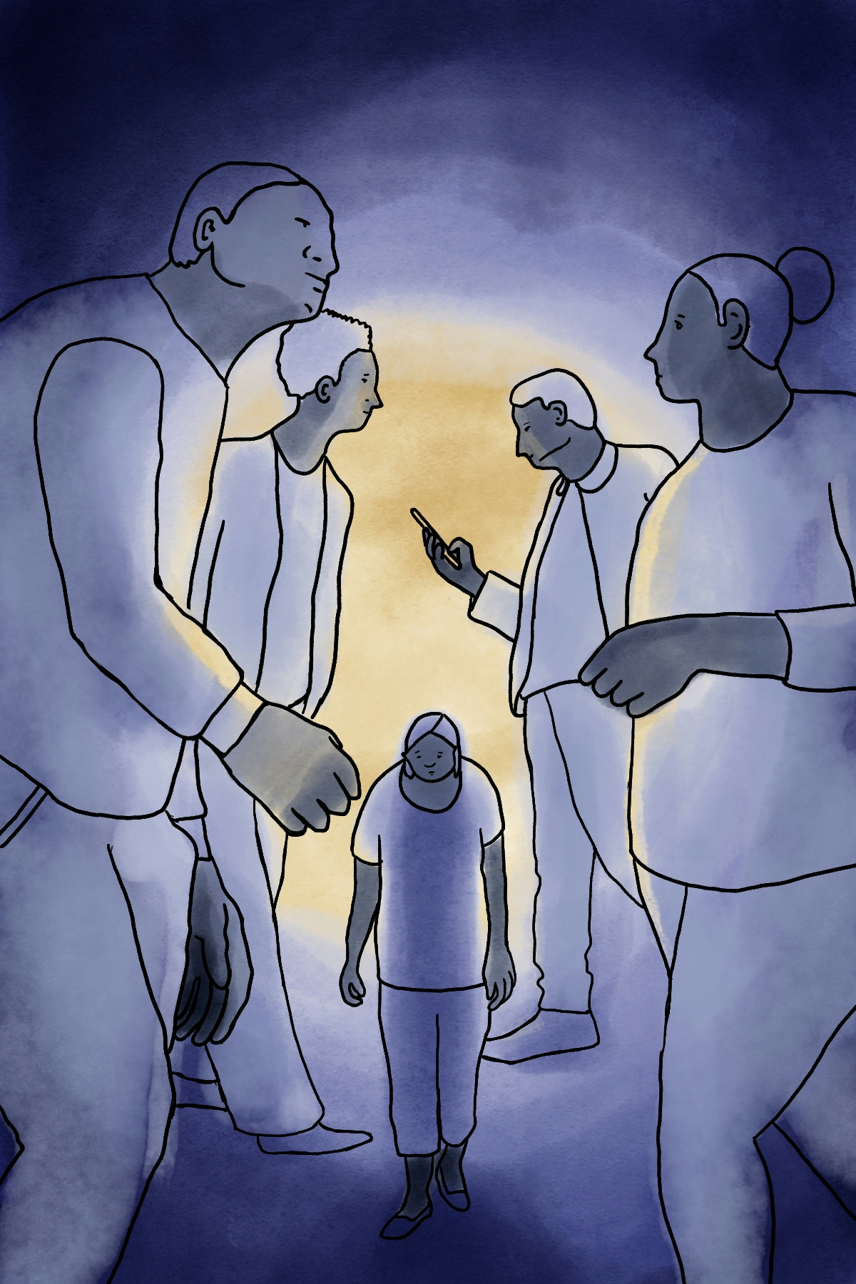 Illustration of a woman walking between four other people twice her height, representing how insignificant social anxiety sufferers can feel.