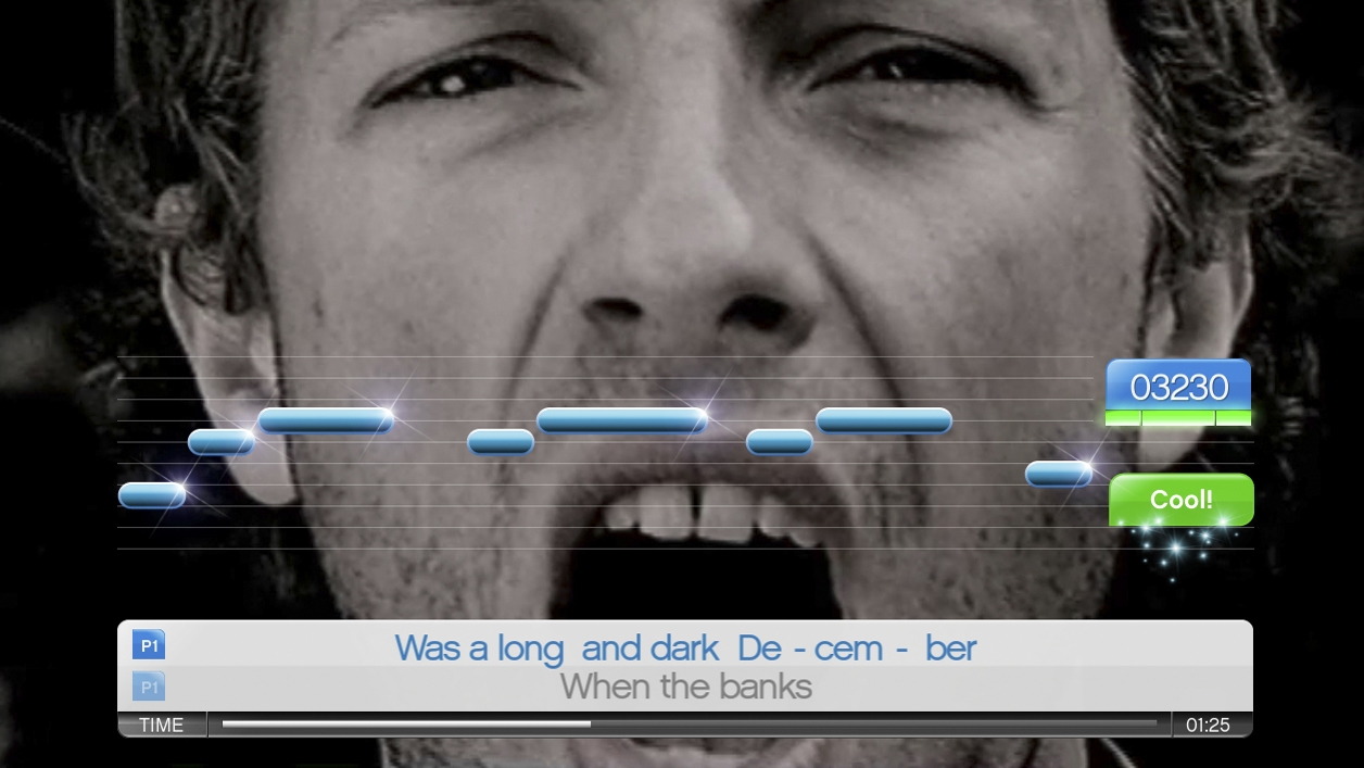 A white man with his mouth open to sing, overlaid with computer graphics tracking the progress of his notes.