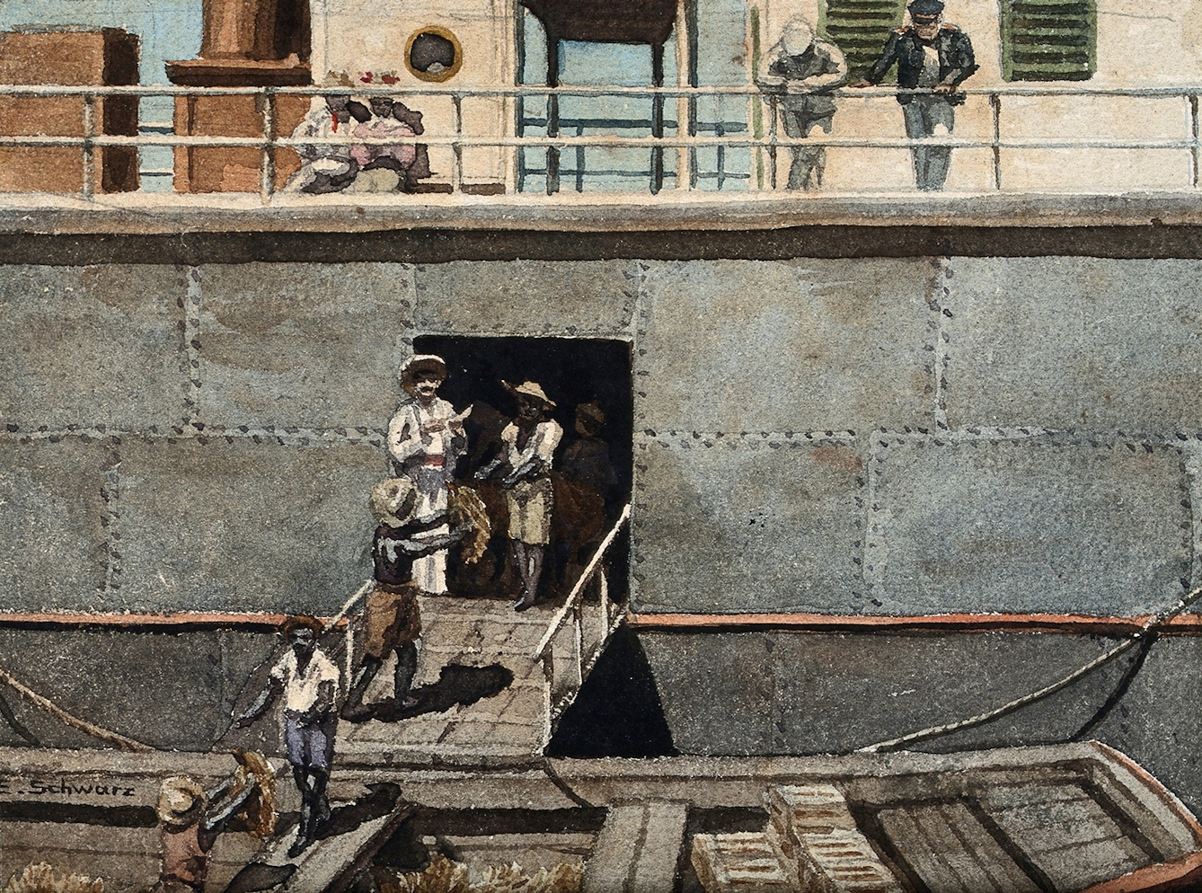 Men loading bananas into the hold of a ship in the West Indies