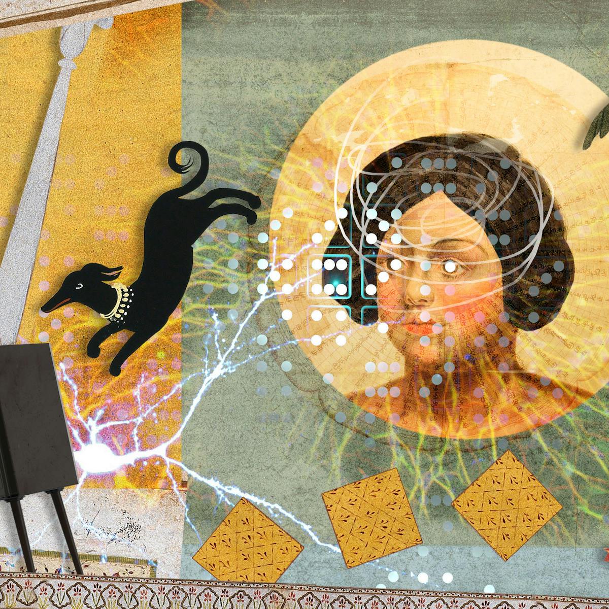 Illustration using collage techniques. Image shows a scene made up of mainly green and yellow hues. To the left is the back of an old fashioned TV set out of which is emerging streaks of electron, or neural pathway patterns. Behind the TV set are two figures. A black dog is leaping towards the TV set. In the centre of the image is a human head with the repeating dots from the face of a dice covering their eyes and surrounding area. To the right are illustrations of a plant and part of the palm leaves from a tree.