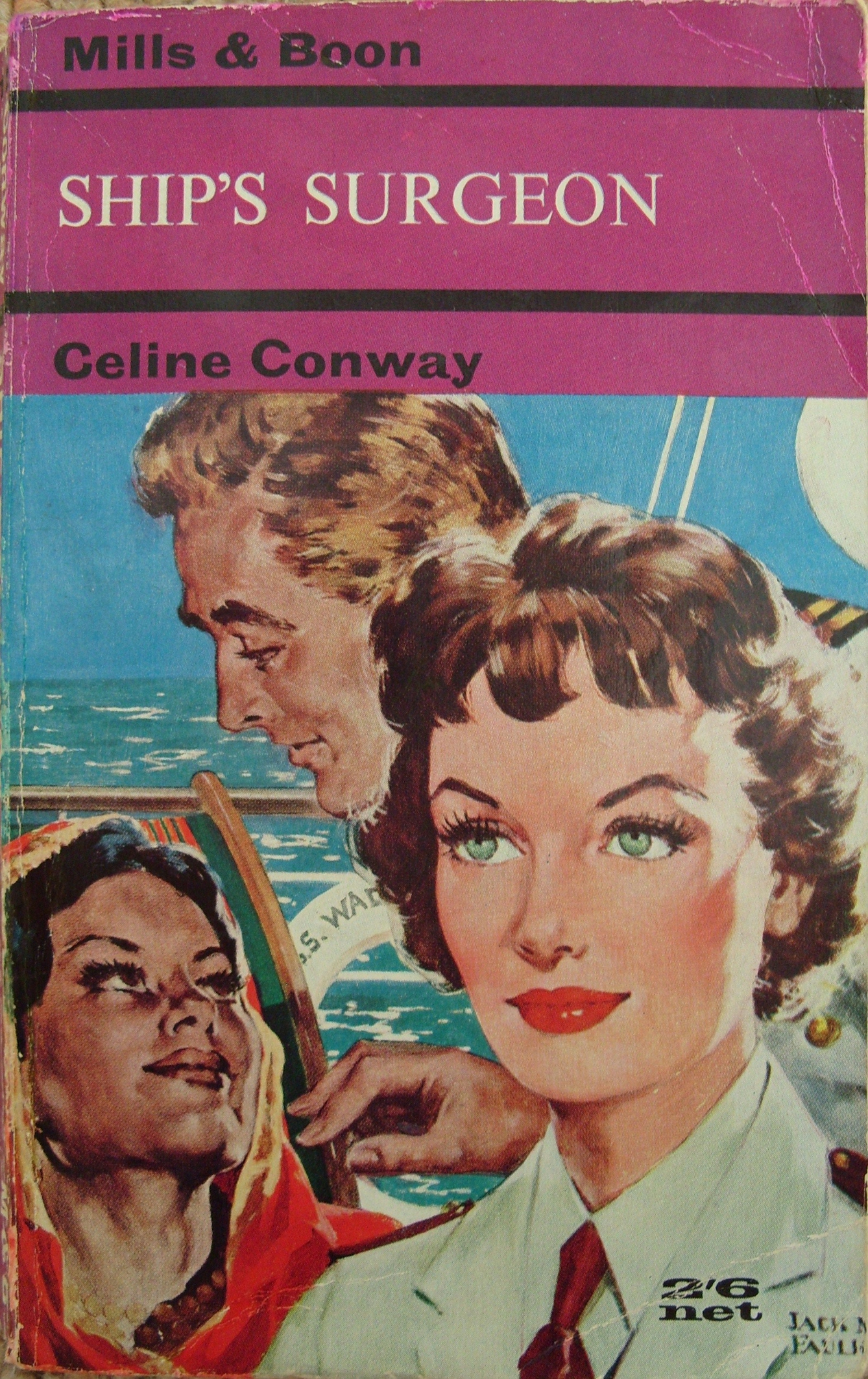 Cover of a Mills & Boon novel: Ship's Surgeon by Celine Conway, with a cover illustration of two female faces and one male face