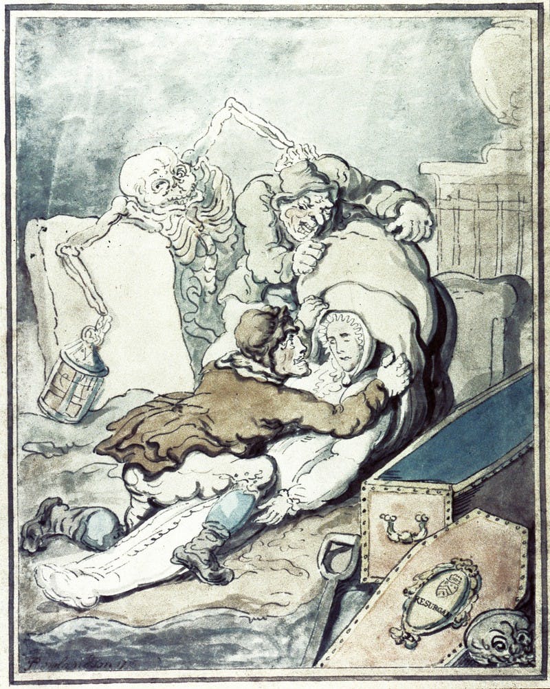 Coloured drawing of grave robbers trying to steal a corpse while a skeleton approaches them from behind