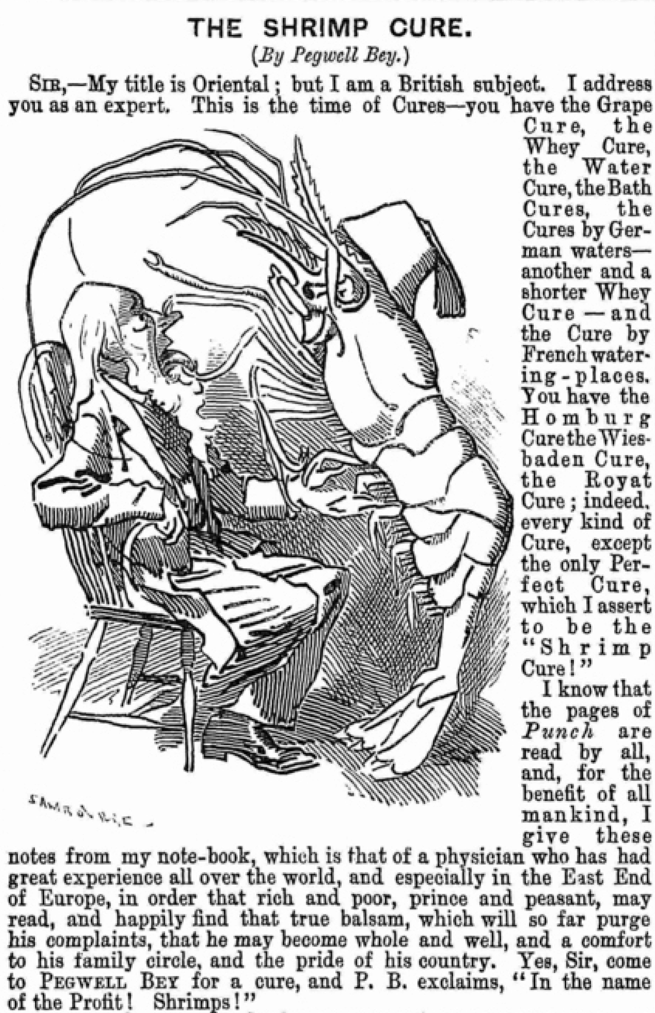 Section of a magazine column featuring a line drawing of an old man in a chair being tended to by an enormous shrimp.