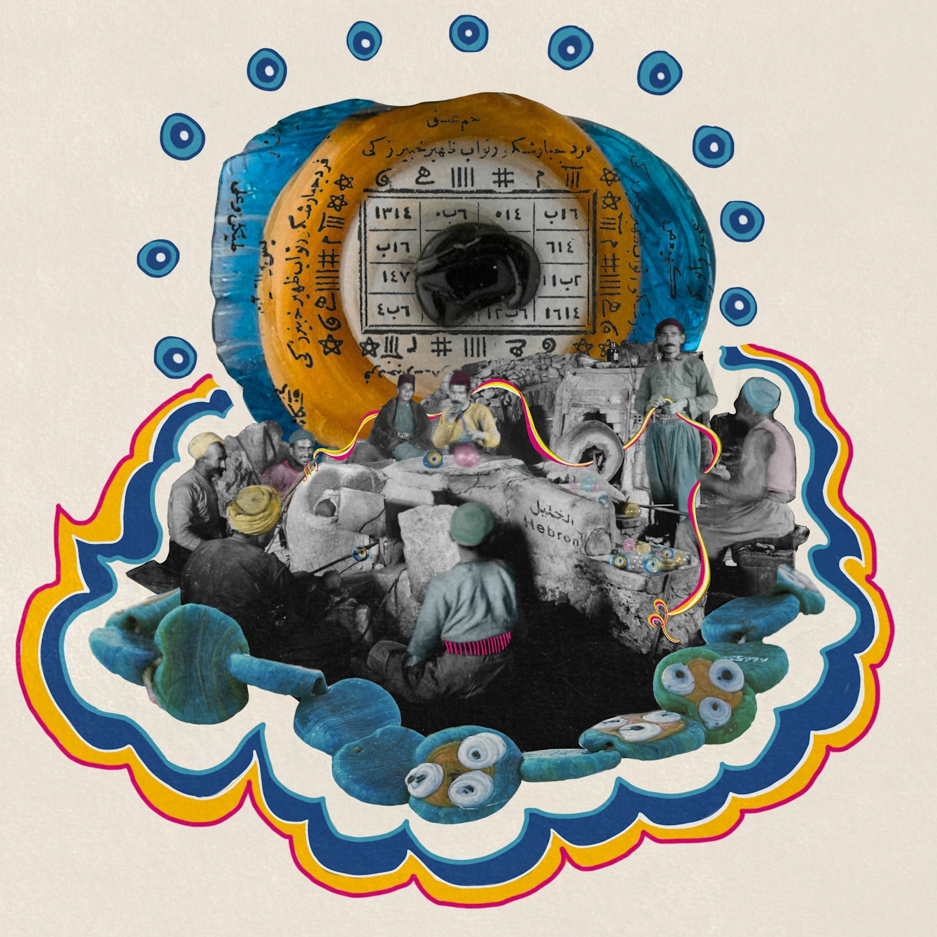 Digital collaged artwork using black and white archive imagery and over-drawn colourful graphical elements. The artwork shows an archive image of a group of men in the process of glass making and glass blowing. They are seated round a wall with the word 'Hebron' written on it.Encircling them is an evil eyed amulet necklace. Surrounding this are ribboned patterns which follow the lines of the necklace, made up of yellows and oranges. This is all set against a cream coloured background.